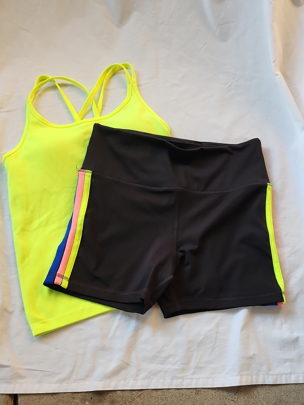 Love & Sports Neon Yellow Strappy Tank & Black Active Shorts Set